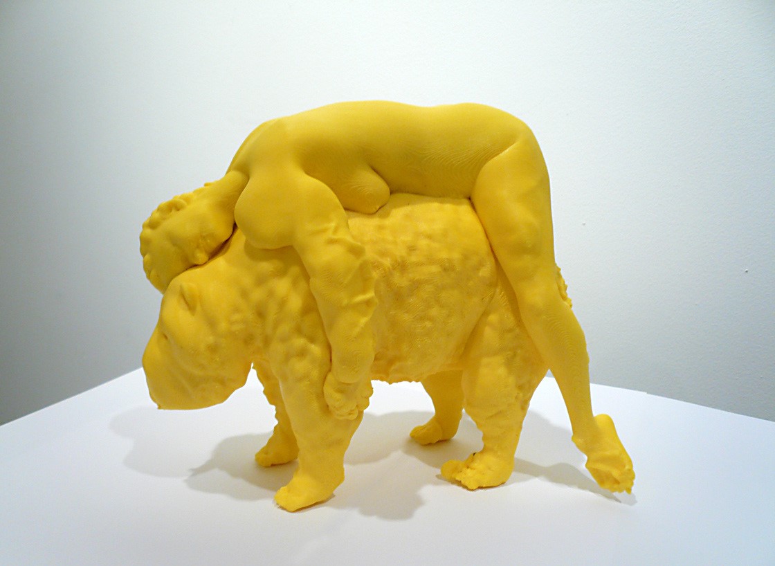 Image of work by Claudia Hart depicting yellow figures, one human, one animal, slumped on each other