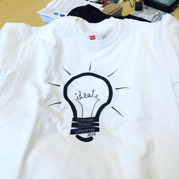 IDeATe T-Shirt image showing a glowing light bulb with the word ideate inside of it and Carnegie Mellon University 2018 below it