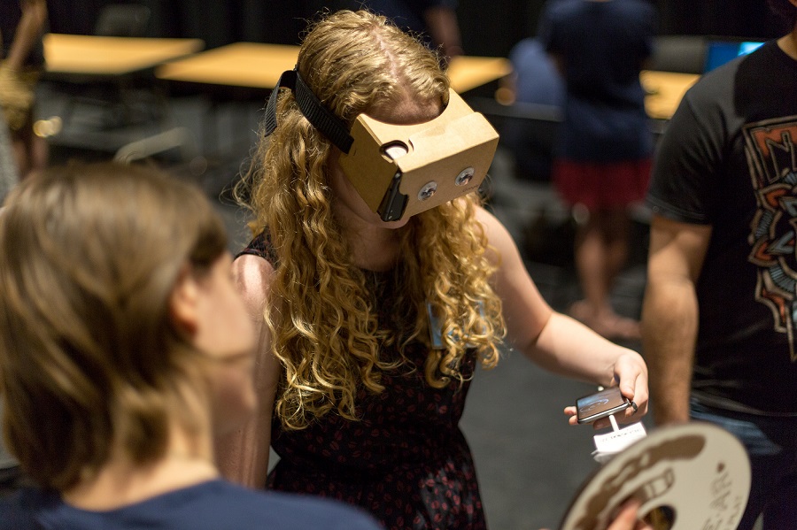 Student using cardboard VR headset