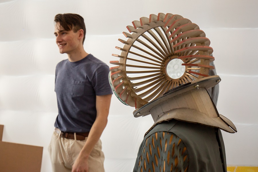 Student David Perry with textile sculpture