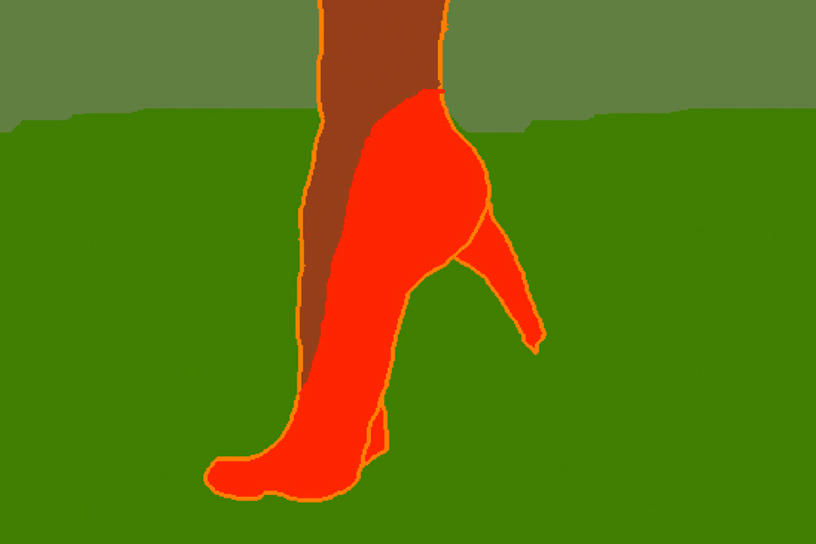 Still from Amy Lockhart's work depicting what looks like a computer-drawn foot in a red high heel against a green background