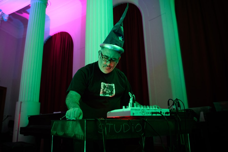 Professor Golan Levin mans one of the electronic music instruments at the Snoozefest event at Carnegie Mellon