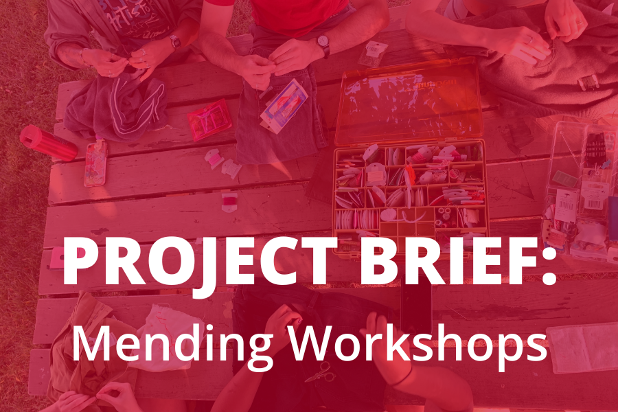 A red-tinted image of sewing supplies with the words "Project Brief: Mending Workshops"