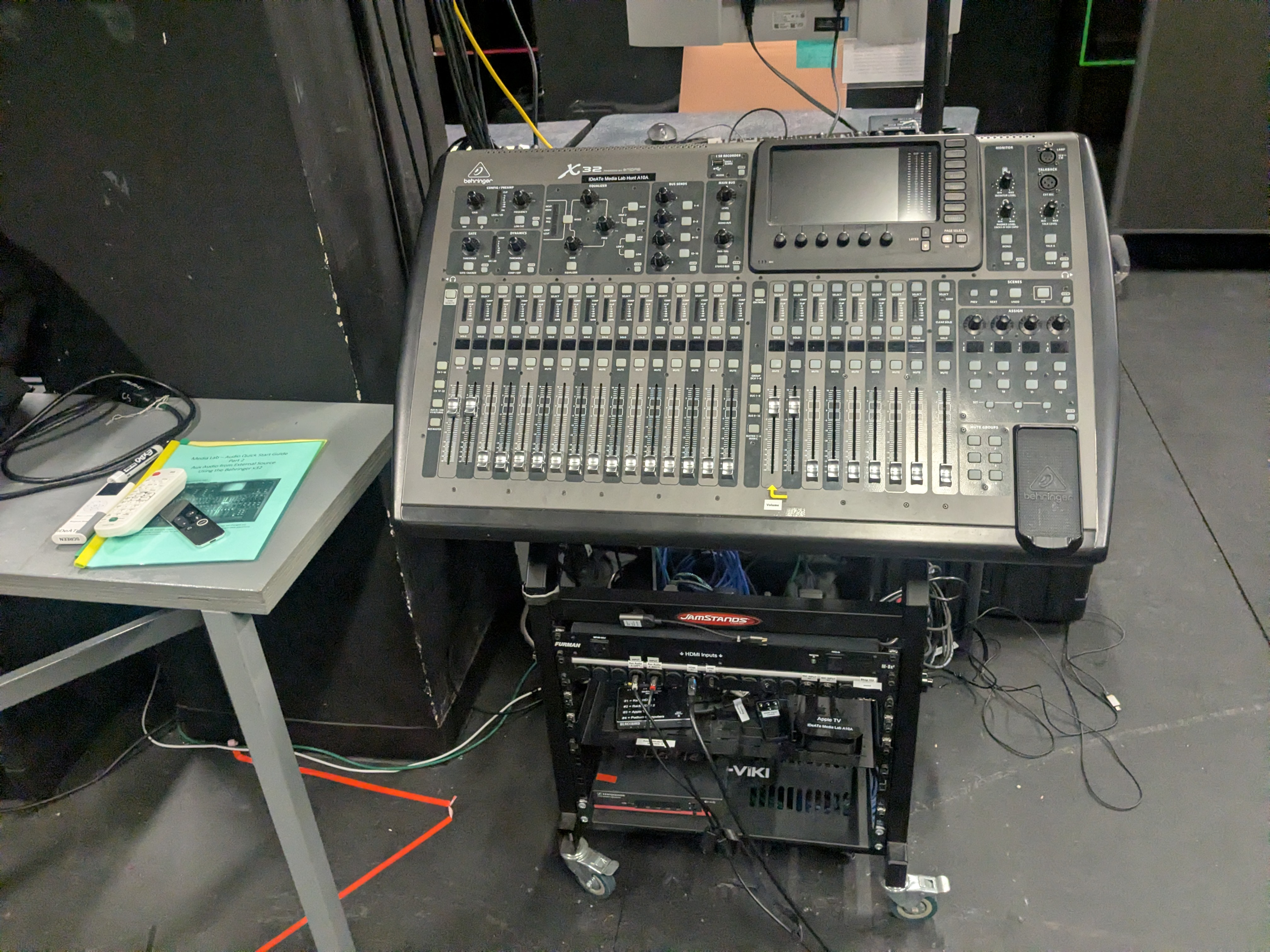 A black sound mixing board with rows of switches and levers.