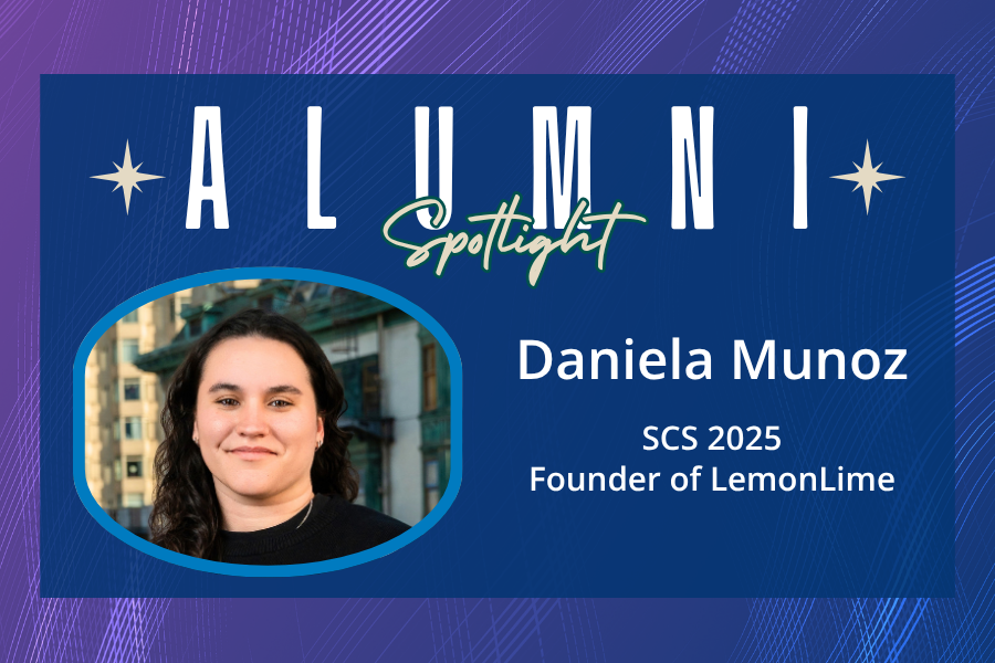 a blue and purple graphic with a photo of a dark-haired woman reading "Alumni spotlight: Daniela Munoz, SCS 2025, Founder of LemonLime"