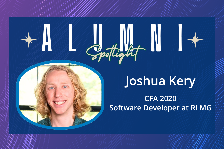 A blue and purple graphic with a photo of a young man with chin-length blonde hair reading "Alumni Spotlight: Joshua Kery, CFA 202, Software Developer at RLMG"